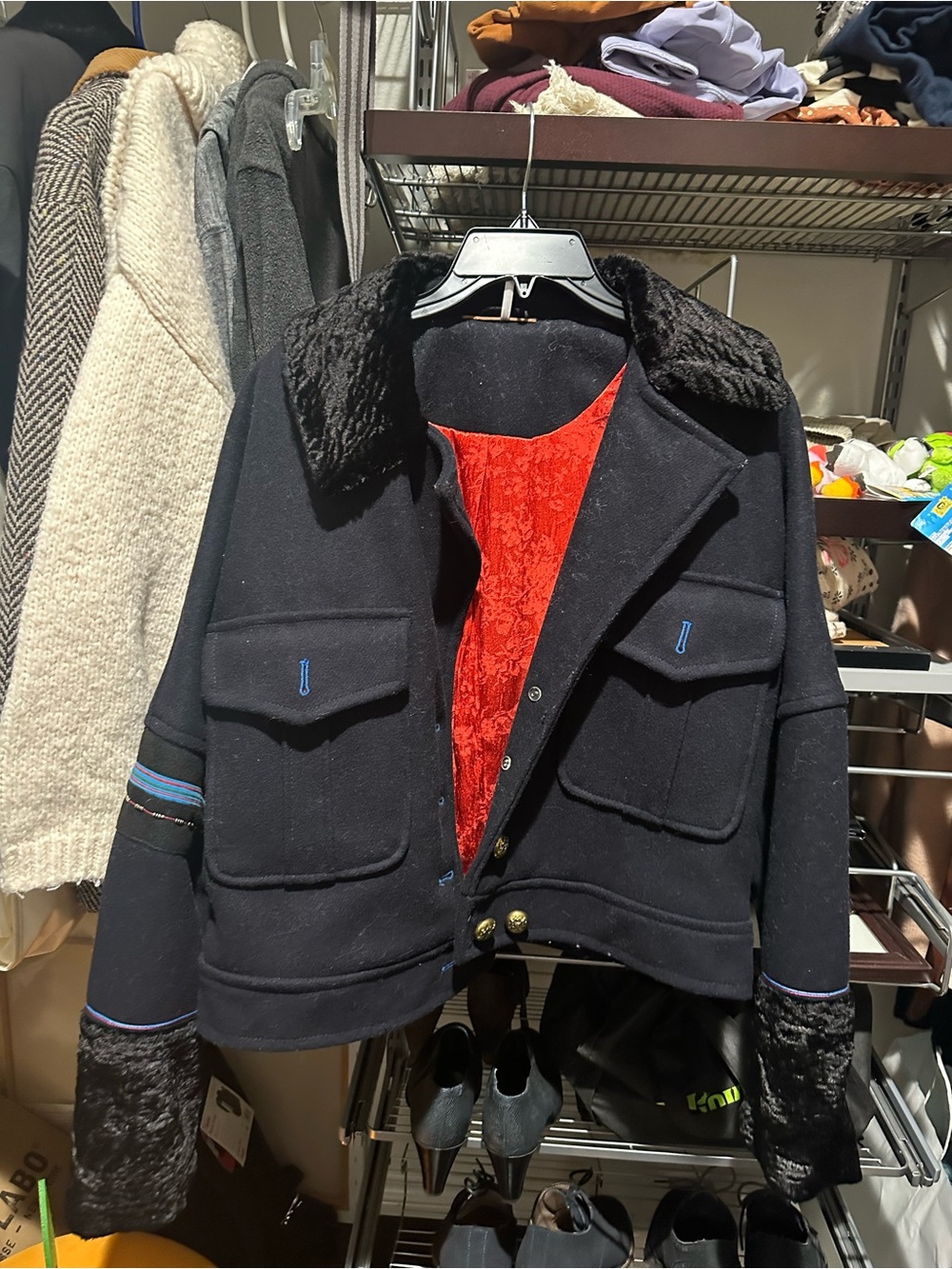 Free People Black Wool Military-Style Jacket with Faux Fur Trim